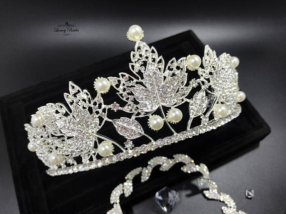 Crystal Wedding Tiara With Silver Leaves