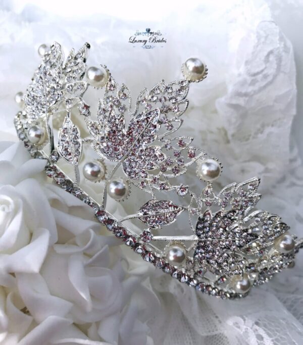 Crystal Wedding Tiara With Silver Leaves