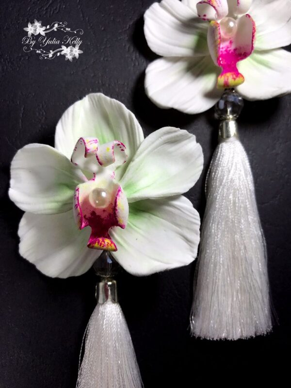 White orchid tassel earrings