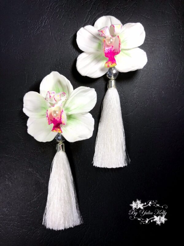 White orchid tassel earrings