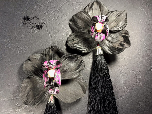 Black orchid tassel earrings